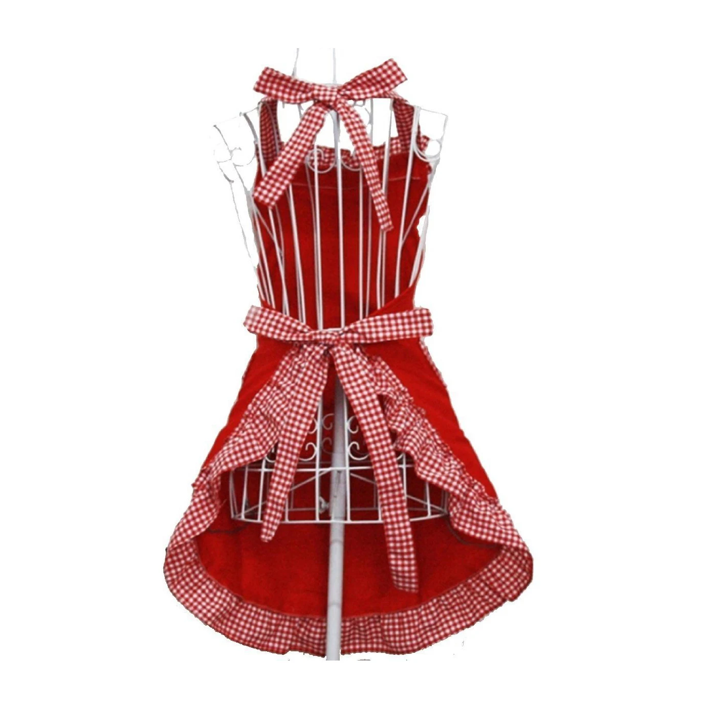 

HGHO-Cotton Grid Pattern Working Chefs Kitchen Cooking Cook Womens Maid Set Apron with Bowknots Pockets Design(Red)