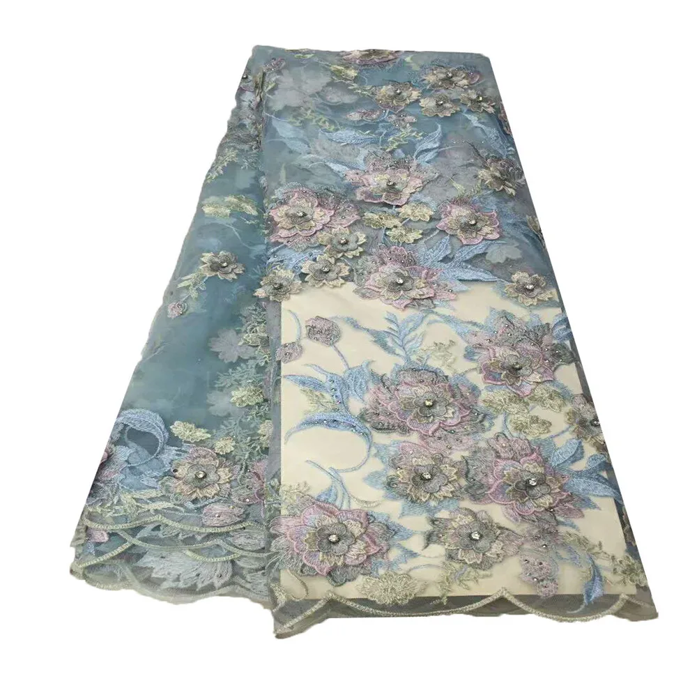 

2018 French 3D flowers lace fabric with Rhinestone High quality African 3D stone lace fabric for skirt HX714-2