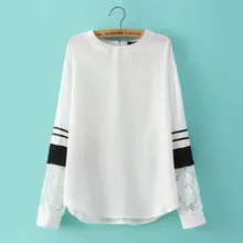 Top Design Women Chiffon Blouse Spring Lace Stitching Shirt Long Sleeve O-Neck Pullover Shirt Spell Color Office OL Shirt AE128