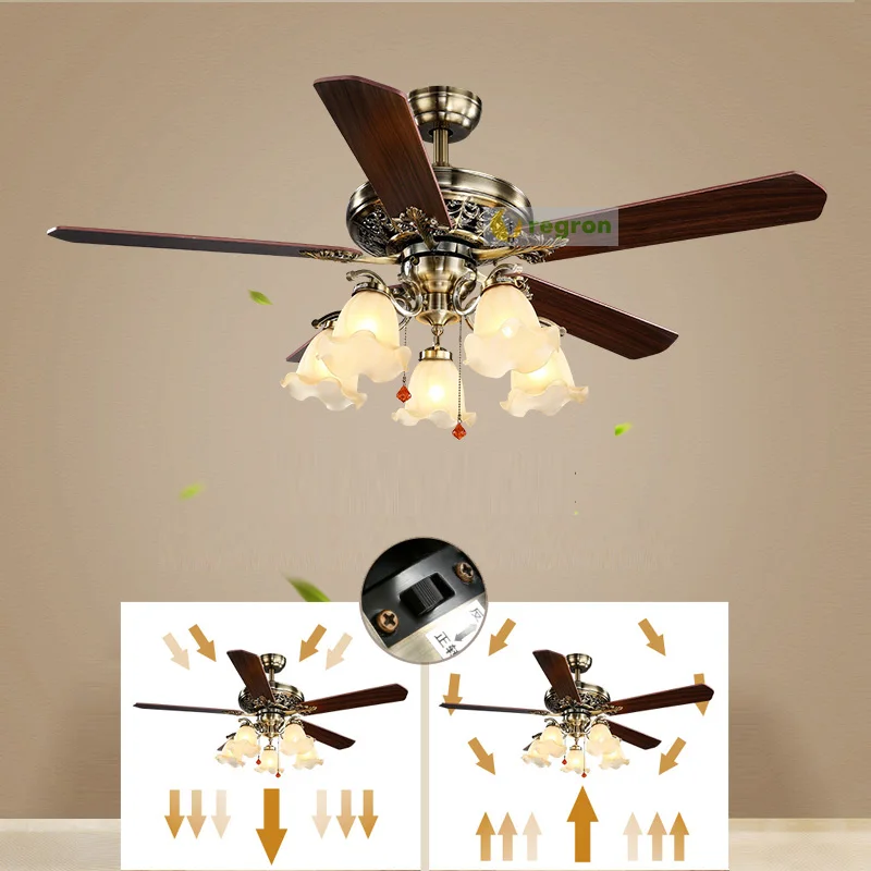 

Retro pendant fan lamp hanging Lighting Mute Wooden Leaves With Flower Lampshade Ceiling Fan Light For Dining Room Living Room