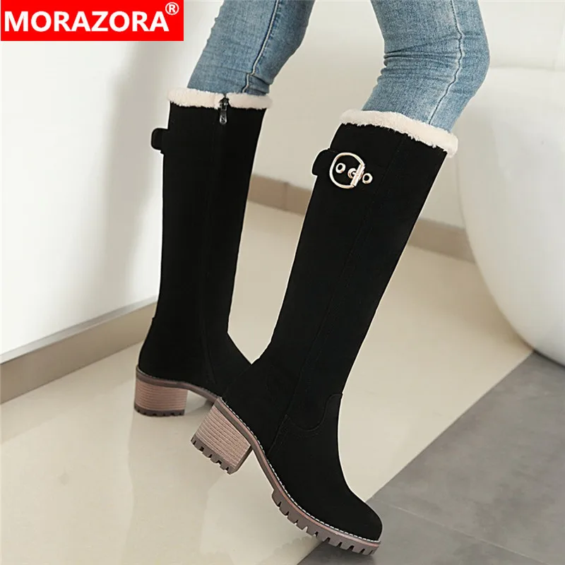 

MORAZORA 2022 big size 43 knee high boots women round toe zip keep warm snow boots square heels black winter shoes female