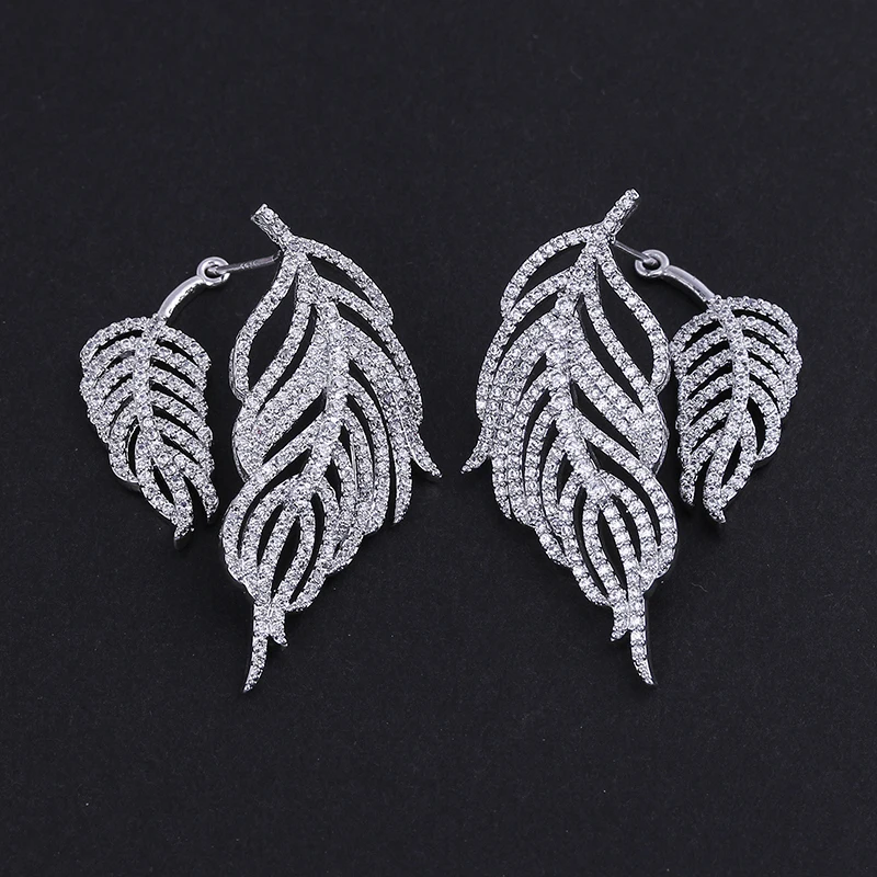 

XIUMEIYIZU Luxury Brand Top Quality CZ Zircon Crystal Setting Rhodium Plated Front to Back Leaf Feather Shape Earrings