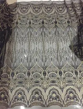 

New coming black with gold glitter French tulle net lace fabric for party dress UN43(5yards/pc)