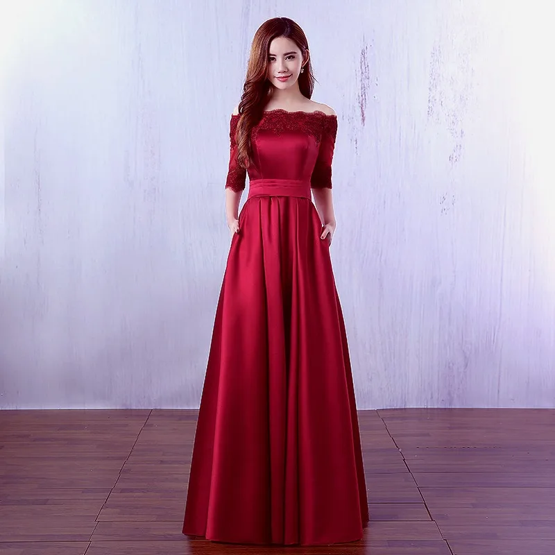

Plus Sizes Red Wine Red Evening Dress Boat Neck Half Sleeves Satin Off Shoulder Elegant Women Party Prom Dresses 2019