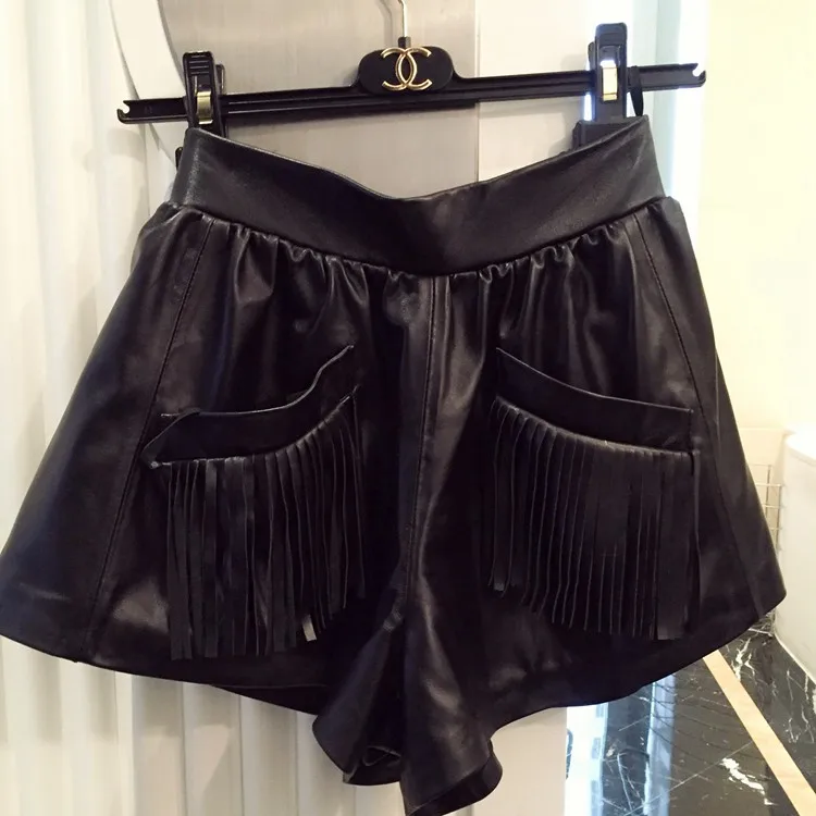 2015 new leather shorts female wide leg pants elas...