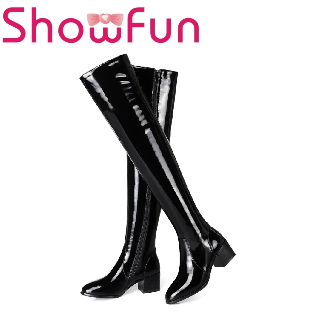 

Showfun genuine patent leather shoes woman knee-hign pointed toe zipper floral riding equestrain square heel boots