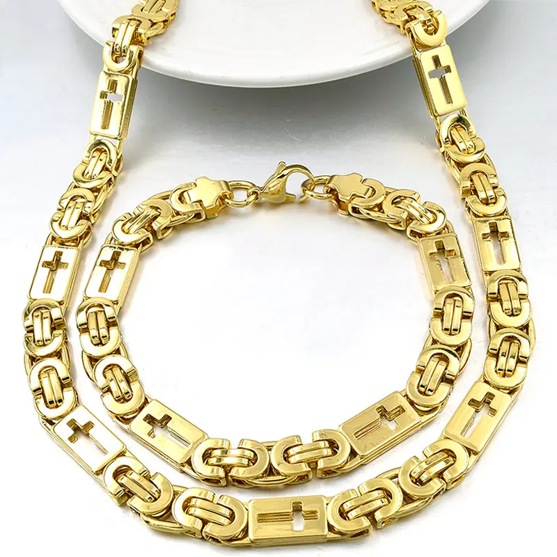 Moorvan уникальное плоское византийское ожерелье/браслет(55,5 см+ 22,5 см) Мужская цепочка с крестом ювелирный набор VBD028 - Окраска металла: gold color