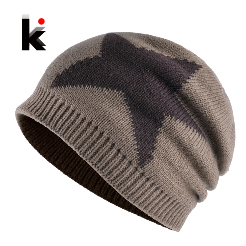 

Men's Winter Knitted Beanies Skullies Five-pointed Star Knit Hats Add Velvet Outdoors Skis Caps Women Bonnet Unisex Bone Touca