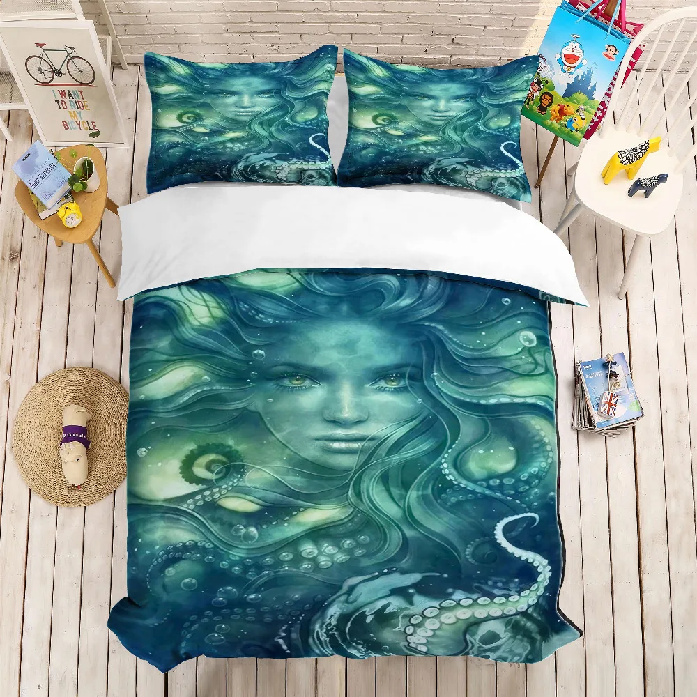 

MUSOLEI 3D Duvet Cover Set dark green Mermaid and waving Octopus .Soft Bed Bedding Set Twin Queen King Size
