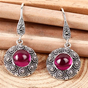 

6 colors 925 sterling silver Bohemian Retro natural semi-precious stones earrings Red corundum red Earrings women jewelry