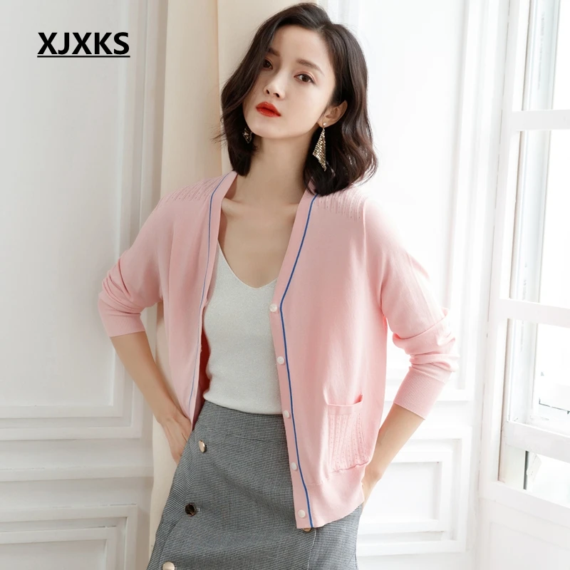 

XJXKS Korean Style Women Cardigan Sweater V-neck High Quality Young Ladies Pocket Spring Clothes Women Sweater Coat