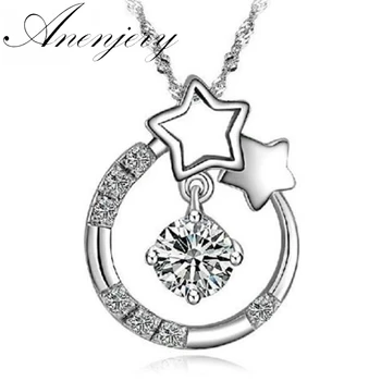 

Anenjery 925 Sterling Silver Jewelry Circle Star Zircon Pendant Neckace For Women Gift 45cm Box Chain choker collares S-N112