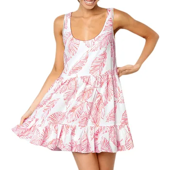 Summer Sexy Party Dress Women Fashion Sexy Leaves Printing O Neck Sleeveless Dress Women Clothes 2019 Mini Dress Princess Dresse