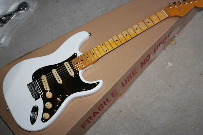 

Factory Custom Retro White Electric Guitar with Golden Pickguard,3S Pickups,Chrome Hardwares,offering customized services