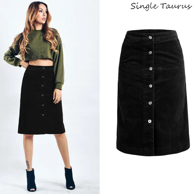

Corduroy Skirts Women High Waist Button Fly A-line Harajuku Black Faldas Mujer Moda Autumn and Winter Knee Length Jupe Femme