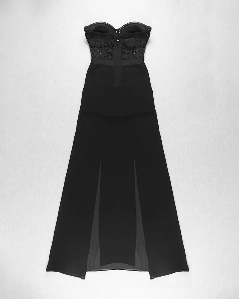 Высокое качество Белый Черный без бретелек Кружева разрезаны Макси длинное платье Бандажное женское платье как у знаменитостей, ночное вечерние платья