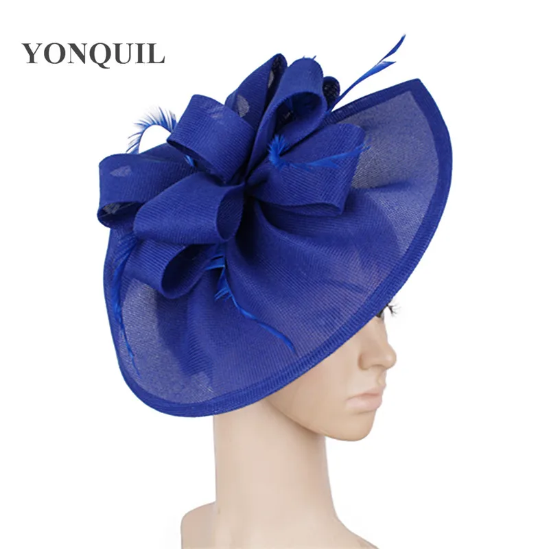 Перья ярко-синего цвета вуалетки гонок шляпы для женщин Элегантный красный петля чародейная шляпа Девушки Дамы Формальное свадебное платье шляпы SYF66 - Цвет: Королевский синий