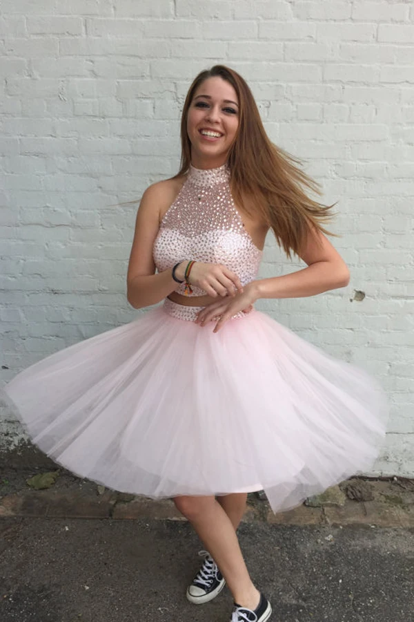 2016 Light Pink 2 Piece Short Prom Cocktail Dresses Knee Length High