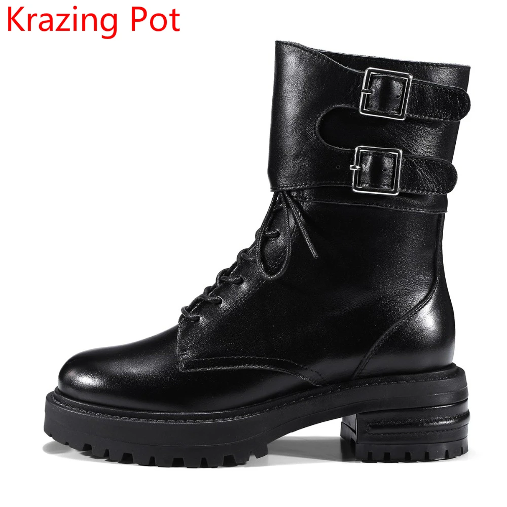 

New Arrivel Genuine Leather Winter Boots Cowboy Lace Up Thick Heels Buckle Motorcycle Boots Round Toe Women Mild-calf Boots L41