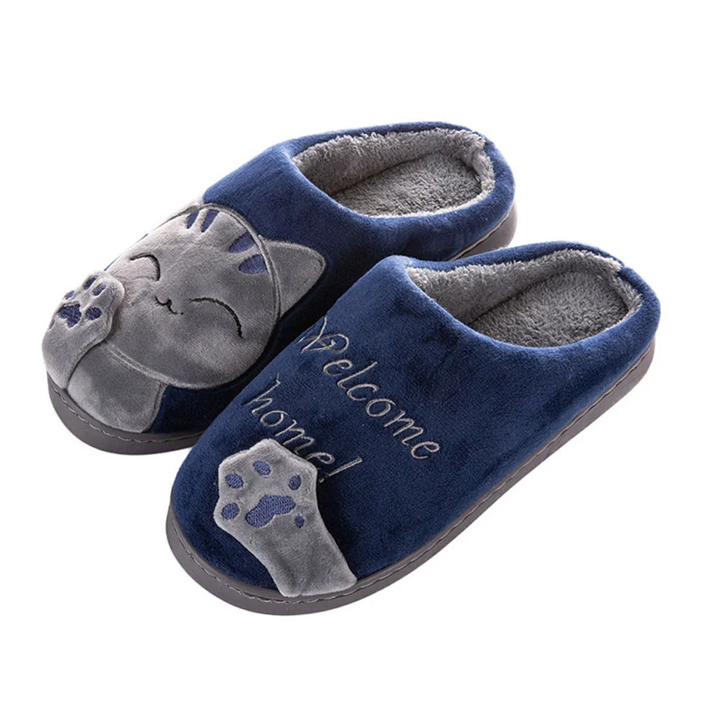 Мужские зимние домашние тапочки с мехом; нескользящая теплая Домашняя обувь для спальни; Повседневные Плюшевые тапочки; большие размеры - Цвет: Navy Blue