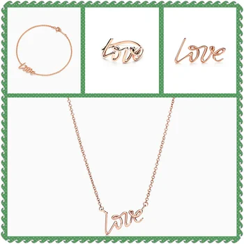 

SHINETUNG 1:1 S925 Sterling Silver Genuine TIFF Rose Golden Love Font Pendant Bracelet Women Romance Fine High-End Jewelry Suit