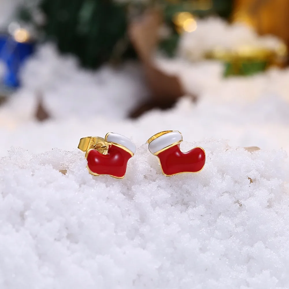 CHUKUI Christmas Red Socks Boots Earrings Gold Color Enamel Stud Earrings For Girl Kids Fashion New Year Gifts Jewelry (7)