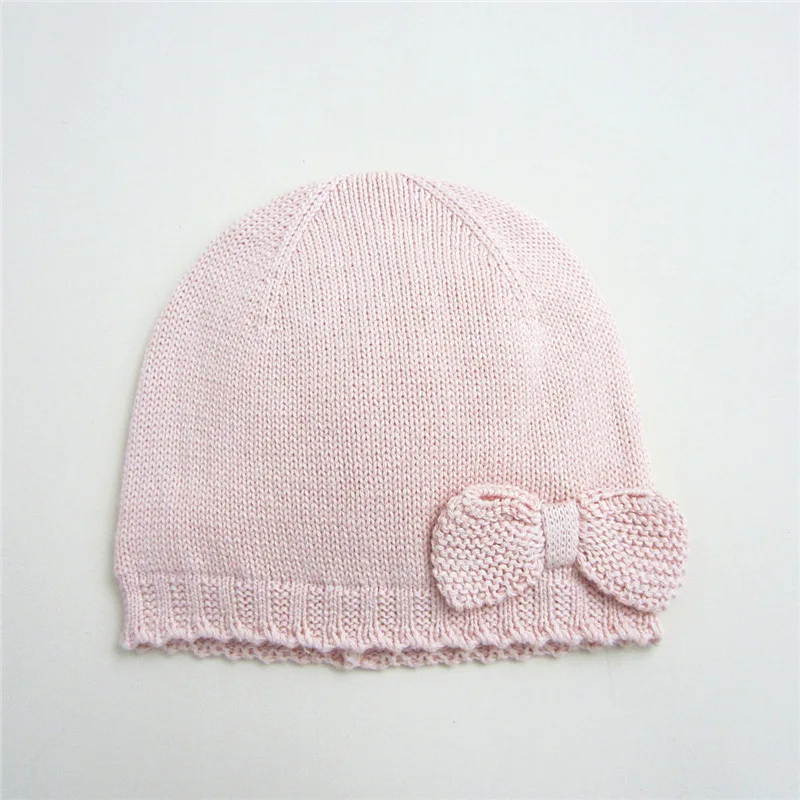 Хлопковая Трехцветная простая круглая шапка с бантом для девочек, зимняя высококачественная вязаная шляпа для фотографирования новорожденных, зимние шапки для детей