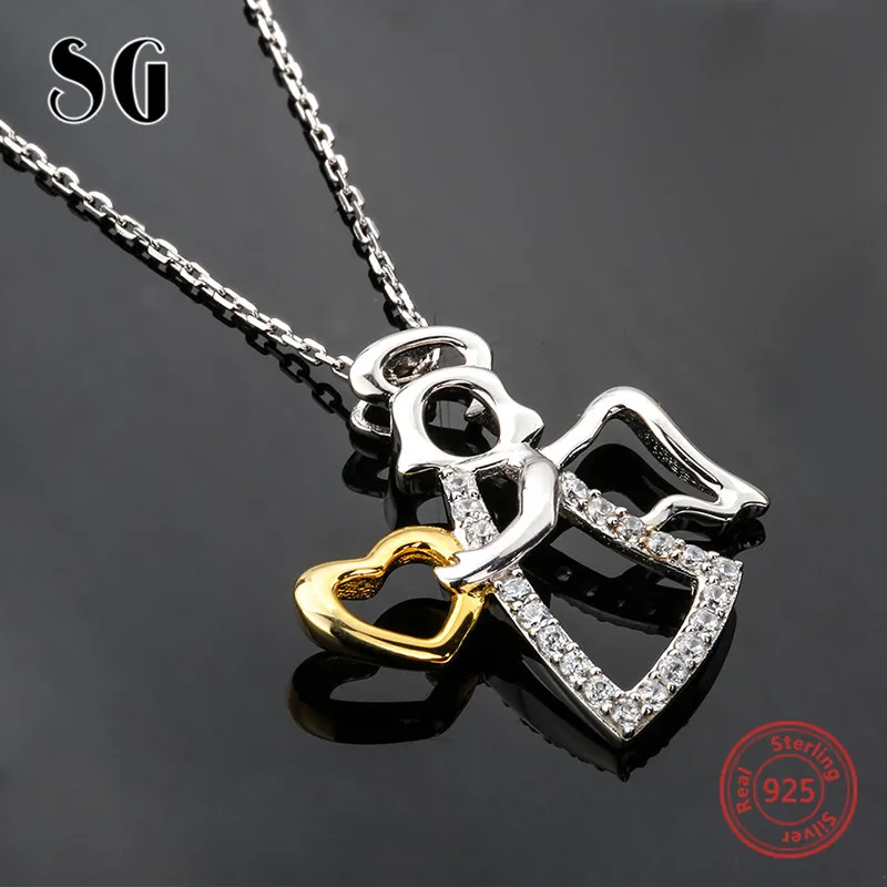 

925 sterling silver angel holding love heart chain pendant necklace with cubic zirconia diy fashion jewelry making women gifts
