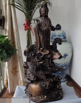 

xd 003119 Chinese Bronze Copper Buddhism GuanYin Bodhisattva Kwan-Yin Ride on Dragon Globe