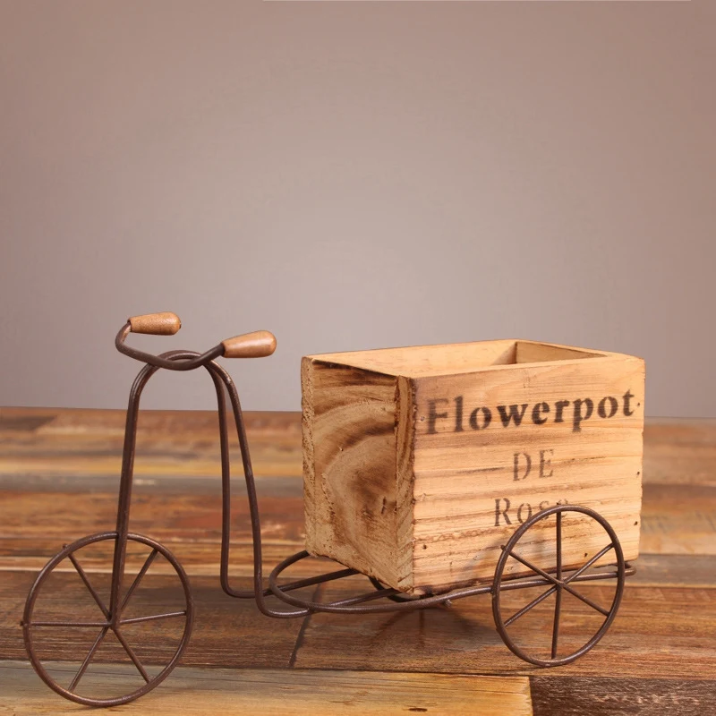 

Wooden Tricycle Model Flower Pot Wrought Iron Bicycle Flower Stand Indoor Storage Rack Home Garden Desktop Decor Crafts Gifts