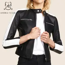 Весенняя Новинка, куртка из натуральной овчины, Женская мотоциклетная куртка, черный, белый цвет, на молнии, воротник-стойка, OL, женская короткая куртка