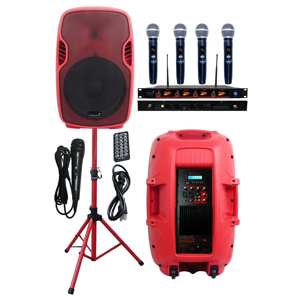 

STARAUDIO 15" 3500W PA DJ Powered Active Bluetooth Speaker Party Stage Stand 4CH UHF Wireless IR Handheld Microphone Set SSRM-15