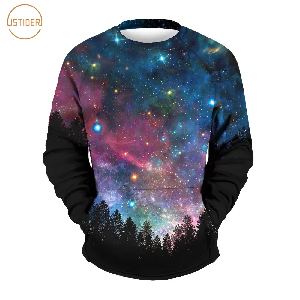 

ISTider Space Galaxy 3D Sweatshirts Men/Women Hoodies With Pockets Printed Forest Trees Starry Spring Loose Thin Pullovers Tops