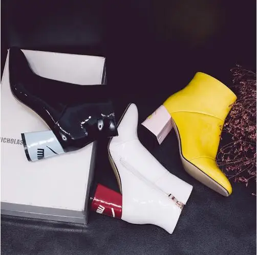 

New Fashion Big Eyelash Graffiti Cute Thick Heel Fur Winter Ankle Boots Black Yellow White Patent Shoes Chelsea Boots women