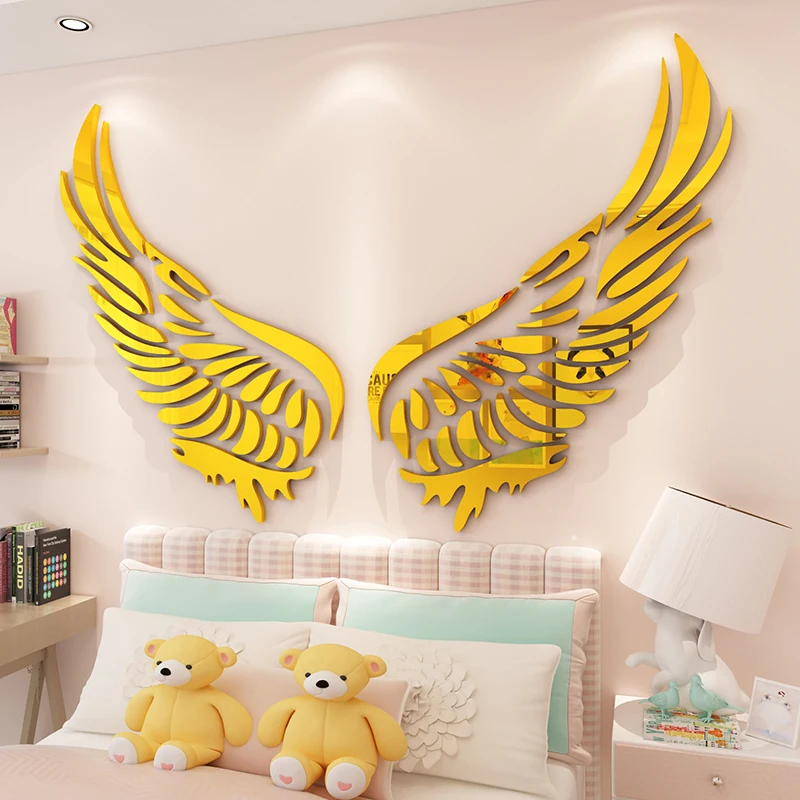 Креативные акриловые настенные наклейки с крыльями для спальни, 3d Самоклеящиеся наклейки для гостиной, прикроватные настенные декоративные краски