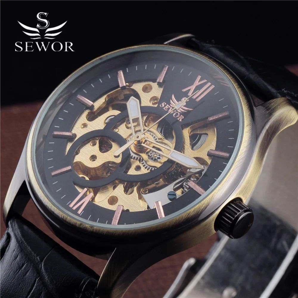 

SEWOR Mens Skeleton Watch Roman Dial Leather Strap Antique Stylish Design Bronze Case Clock Men Automatic Mechanical Watches