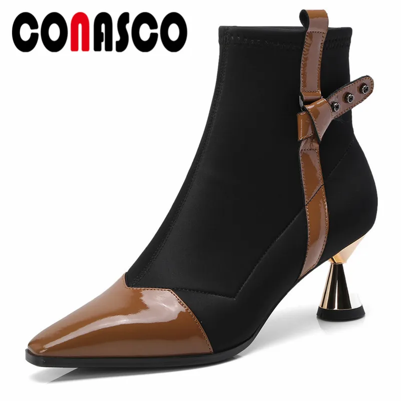 

CONASCO Brand Women Pointed Toe Autumn Winter Buckles Martin Shoes Warm Snow Ankle Boots Female High Heeled Office Shoes Woman