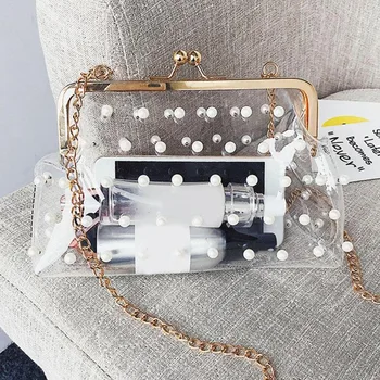 

JHD-Fashion Evening Chain Shoulder Bag Girl Messenger Handbag New Pearls Pearls Clear Bag Pvc Transparent Crossbody Bag Women
