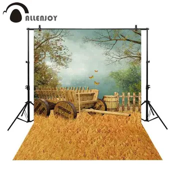 

Allenjoy backdrop for photographic studio golden wheat field flying butterfly old wooden cart wine barrel background photobooth