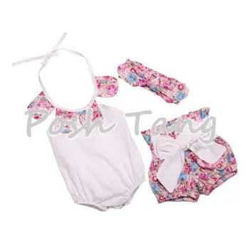 

Sunshine Floral baby Romper Playsuit Baby Girl Set Head wrap,Top Knot High Waisted Shorts