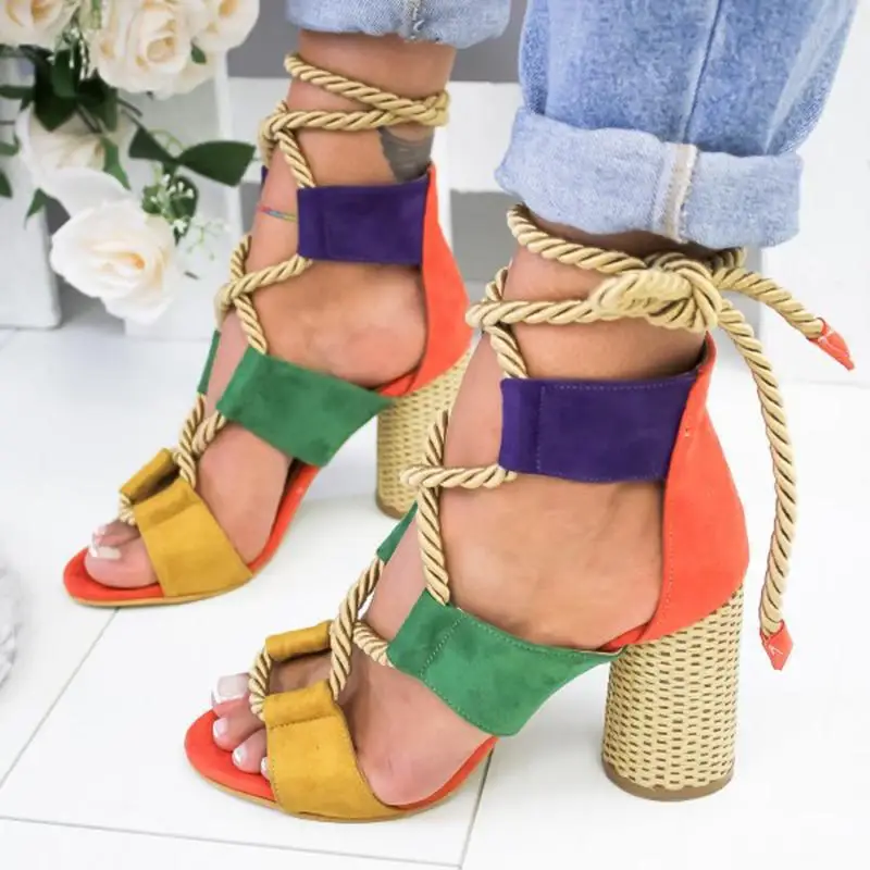 

Chunky High Heels Women Candy Colored Peep Toe Sandals Fashion Cross-tied Lace up Sandals Plus Size 35-43 Drop shipping XWZ6054