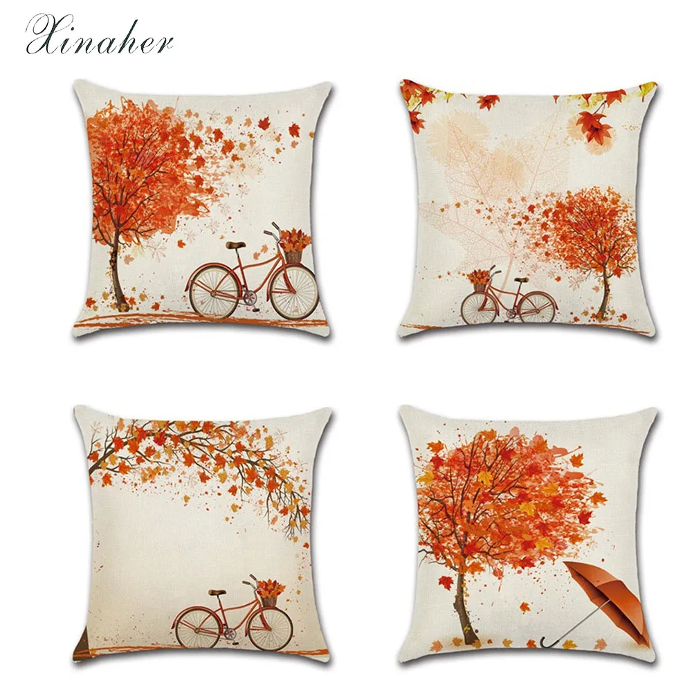 

Happy Autumn Tree Maple Leaf Bicycle Pillow Cover 45*45cm Retro Orange Tree Pattern cushion cases Linen pillowslip ornament