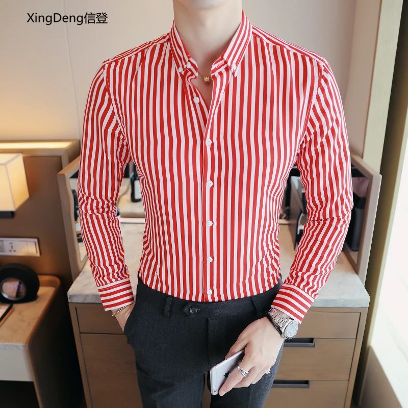 XingDeng мужская деловая хлопковая Модная шелковая рубашка Повседневная полосатая одежда с длинным рукавом одноцветная однобортная рубашка размера плюс 5xl - Цвет: Красный
