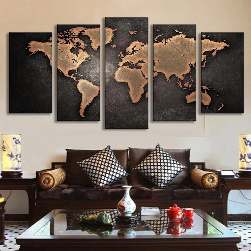 

5 Panel Vintage World Map Canvas Painting Oil Painting Print On Canvas Home Decor Wall Art Wall Picture For Living Room Unframed