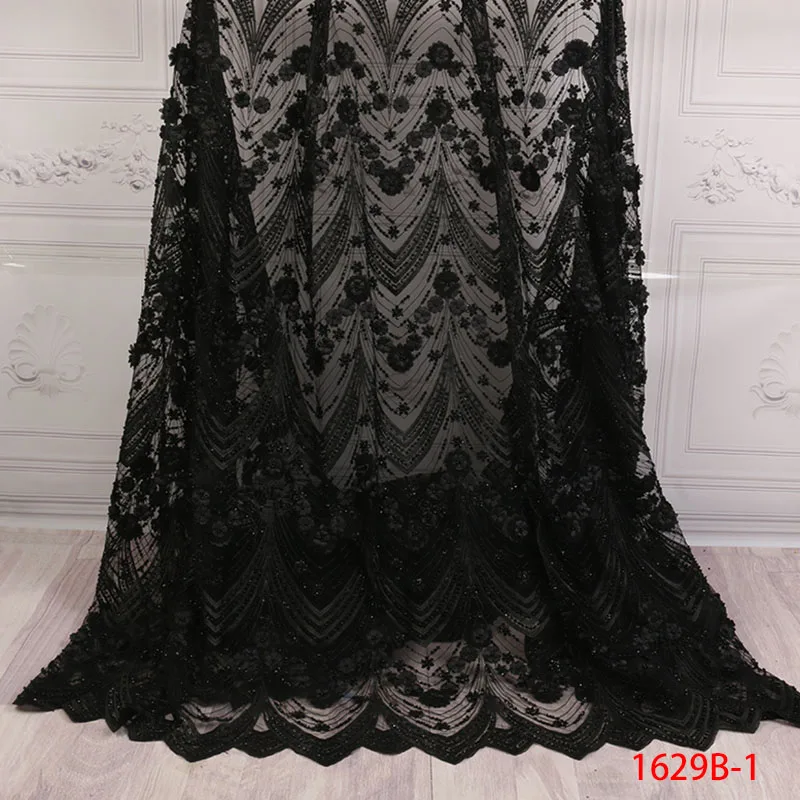 

Latest Light Black Tulle Lace Fabric High Quality America Fashion Fabric With 3d Handmade Flowers Add Beads fabric APW1629B-1