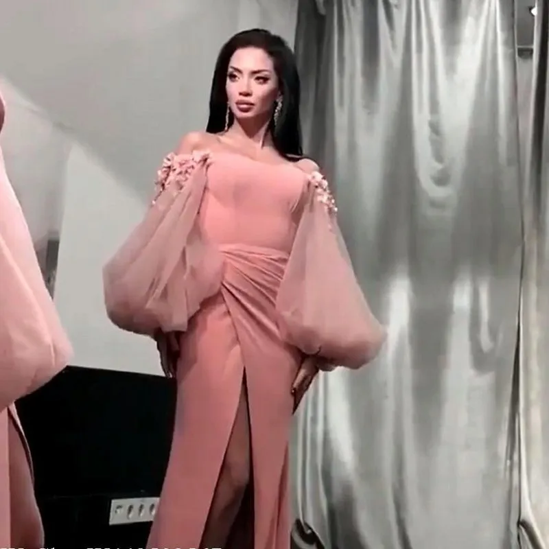 

Pink Muslim Evening Dresses 2019 Sheath Long Sleeves Tulle Flowers Islamic Dubai Saudi Arabic Long Elegant Evening Gown Prom