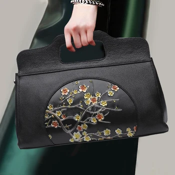 

Fashion Noble Women Handbag Genuine Leather Cow Leather Vintage Totes / Lady Top-handle Bags Flower Pattern Shoulder Crossbody