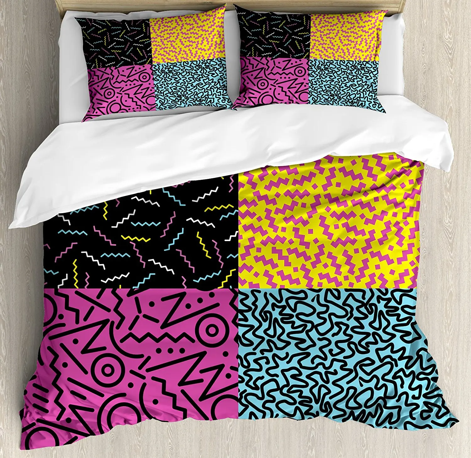 Indie Duvet Cover Set of Vintage Eighties Fashion Style Patterns Colorful Funky Pop Unusual