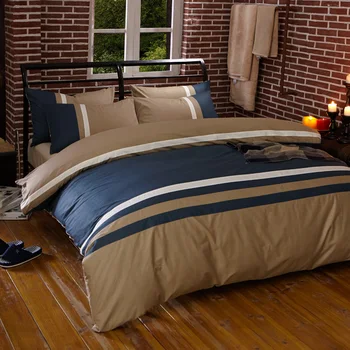 

100% Cotton Bule Coffee Stripe Bedding set King Queen Twin Size Fitsheet Kids Boys Bed set 4Pcs Duvet cover Bedsheet Pillowcase