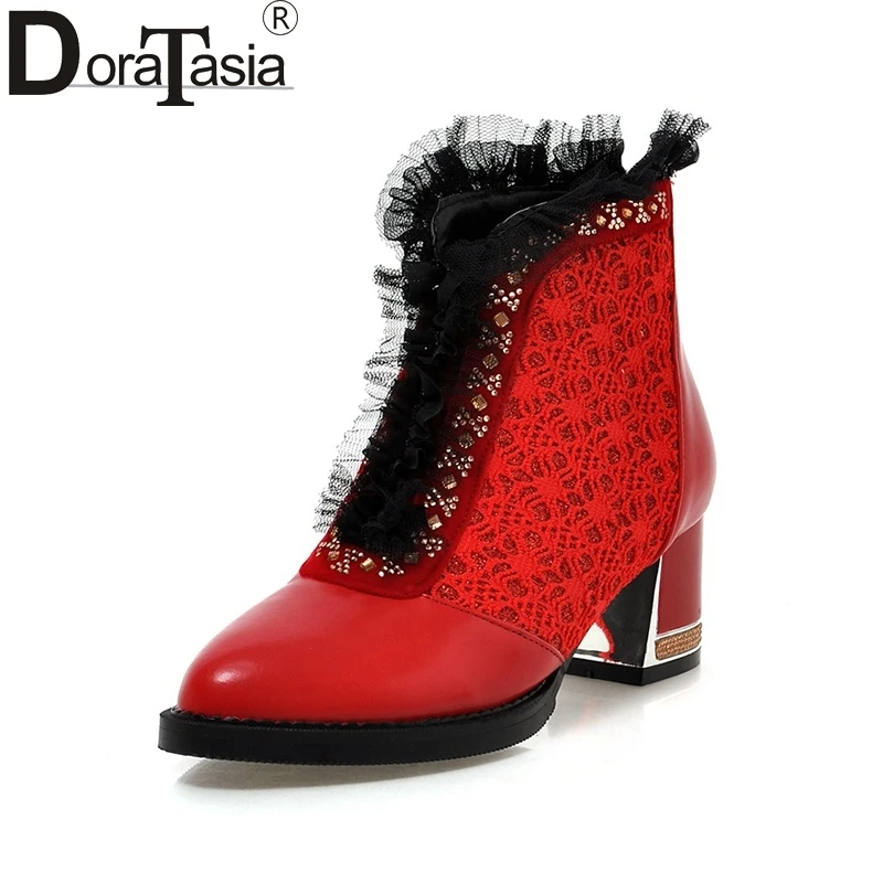 

DoraTasia 2018 Large Size 34-44 Zip Up Round Toe Woman Boots Woman Red Black White High Heels Party Ankle Boots Woman